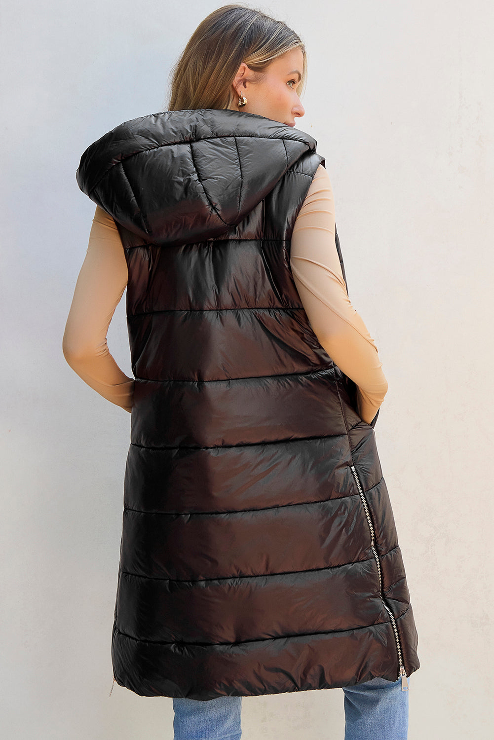 Black Hooded Long Quilted Vest PLUS Coat Threaded Pear
