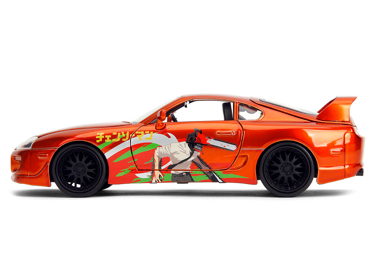 1995 Toyota Supra Orange Metallic with Graphics and Chainsaw Man Diecast Figure "Chainsaw Man" (2022) TV Series "Anime Hollywood Rides" Series 1/24 Diecast Model by Jada Jada