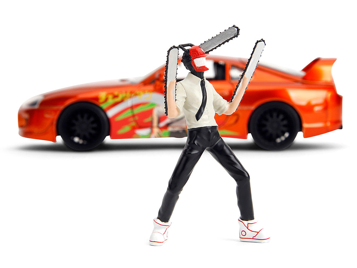 1995 Toyota Supra Orange Metallic with Graphics and Chainsaw Man Diecast Figure "Chainsaw Man" (2022) TV Series "Anime Hollywood Rides" Series 1/24 Diecast Model by Jada Jada