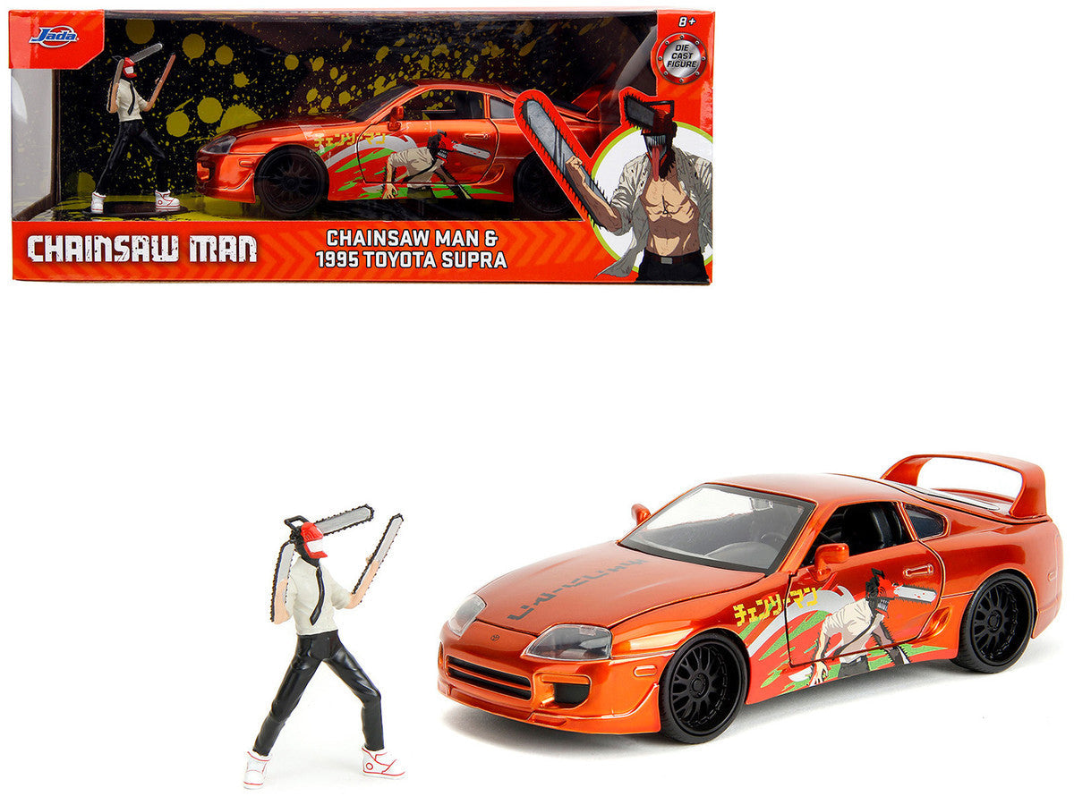 1995 Toyota Supra Orange Metallic with Graphics and Chainsaw Man Diecast Figure "Chainsaw Man" (2022) TV Series "Anime Hollywood Rides" Series 1/24 Diecast Model by Jada Jada