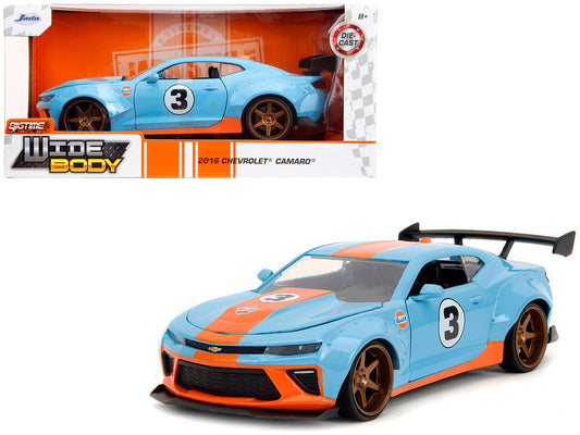 2016 Chevrolet Camaro Widebody #3 Light Blue with Orange Stripes "Gulf Oil" "Wide Body" Series 1/24 Diecast Model Car by Jada Jada