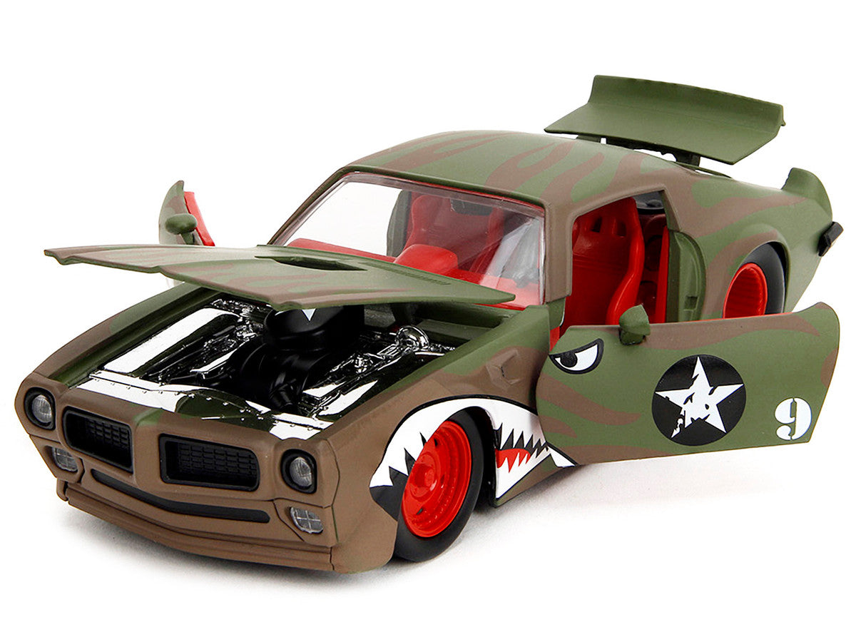 1972 Pontiac Firebird #9 Green Camouflage Flames with Graphics and Red Interior "Bigtime Muscle" Series 1/24 Diecast Model Car by Jada Jada