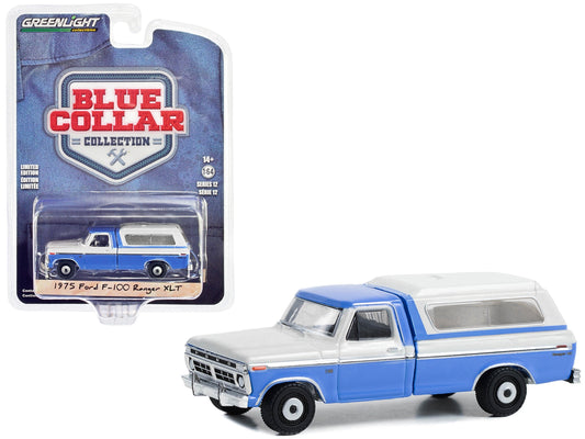 1975 Ford F-100 Ranger XLT Pickup Truck with Camper Shell Wind Blue and Wimbledon White "Blue Collar Collection" Series 12 1/64 Diecast Model Car by Greenlight