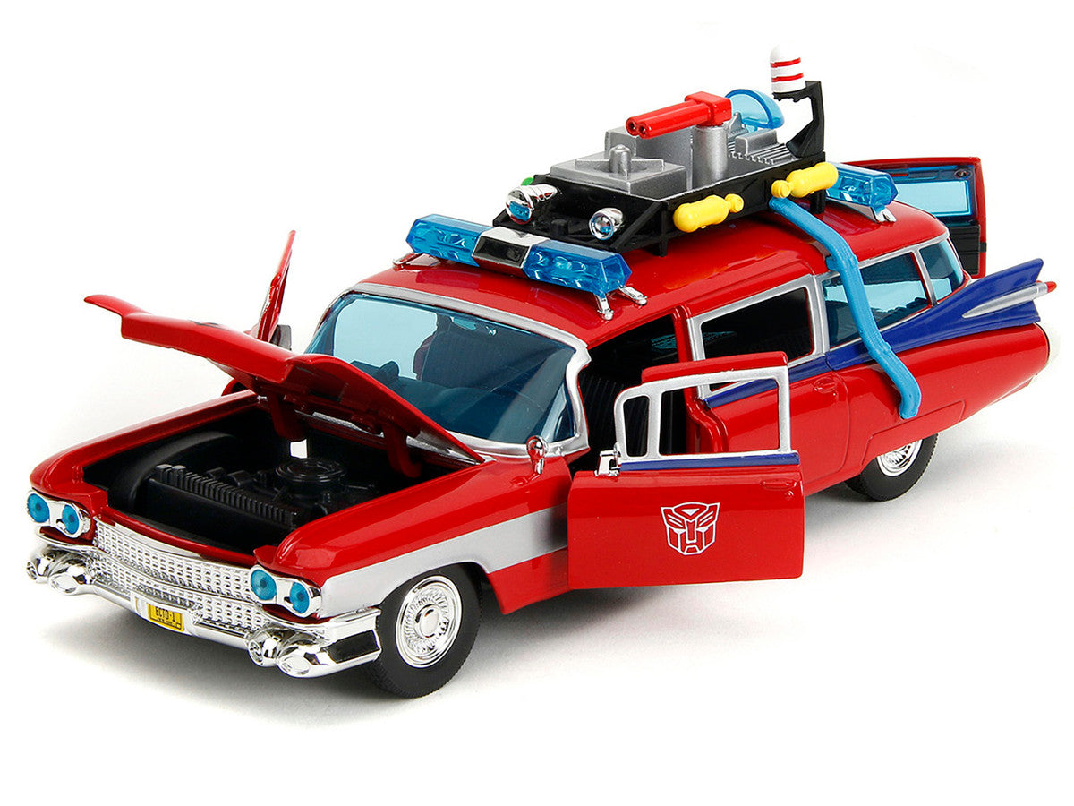 1959 Cadillac Ambulance Ecto-1 Red "Transformers" TV Series - "Ghostbusters" (1984) Movie Crossover "Hollywood Rides" Series 1/24 Diecast Model Car by Jada Jada
