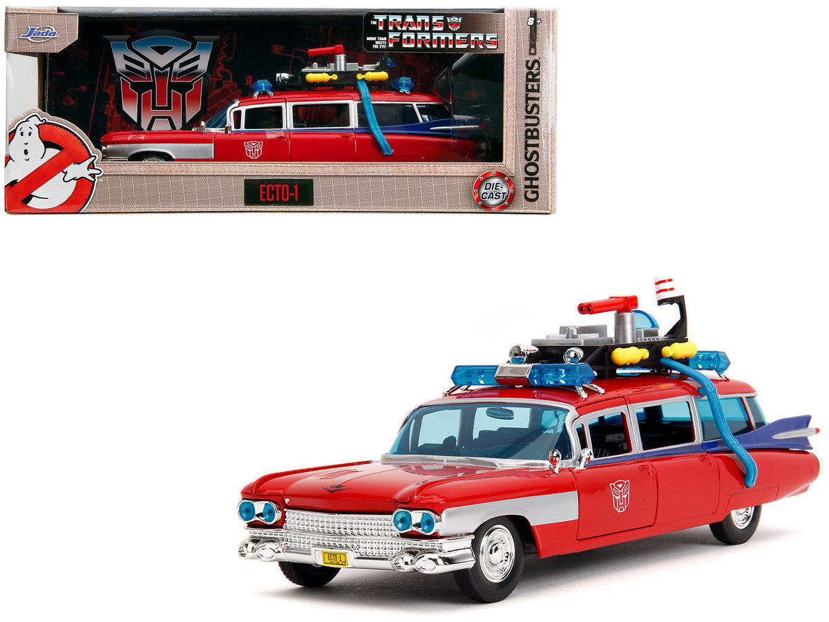 1959 Cadillac Ambulance Ecto-1 Red "Transformers" TV Series - "Ghostbusters" (1984) Movie Crossover "Hollywood Rides" Series 1/24 Diecast Model Car by Jada Jada