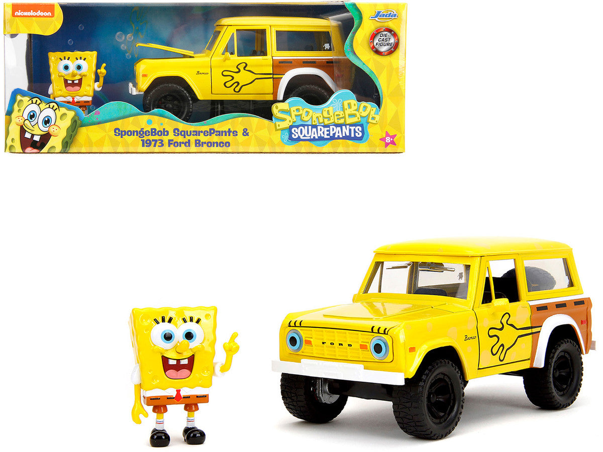1973 Ford Bronco Yellow with Graphics and SpongeBob SquarePants Diecast Figure "SpongeBob SquarePants" (1999–Current) TV Series "Hollywood Rides" Series 1/24 Diecast Model Car by Jada Jada