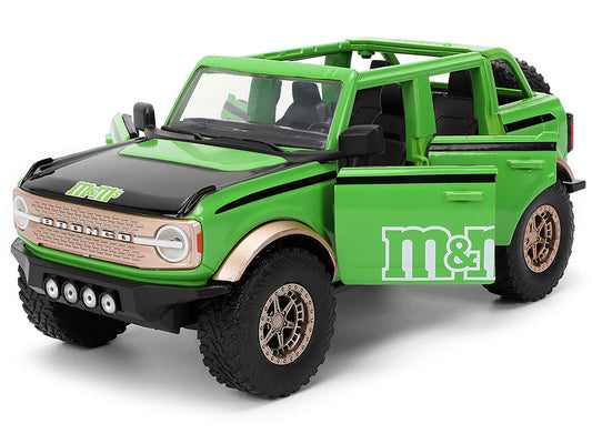 2021 Ford Bronco Green with Black Stripes and Green M&M's Diecast Figure "Hollywood Rides" Series 1/24 Diecast Model Car by Jada Jada