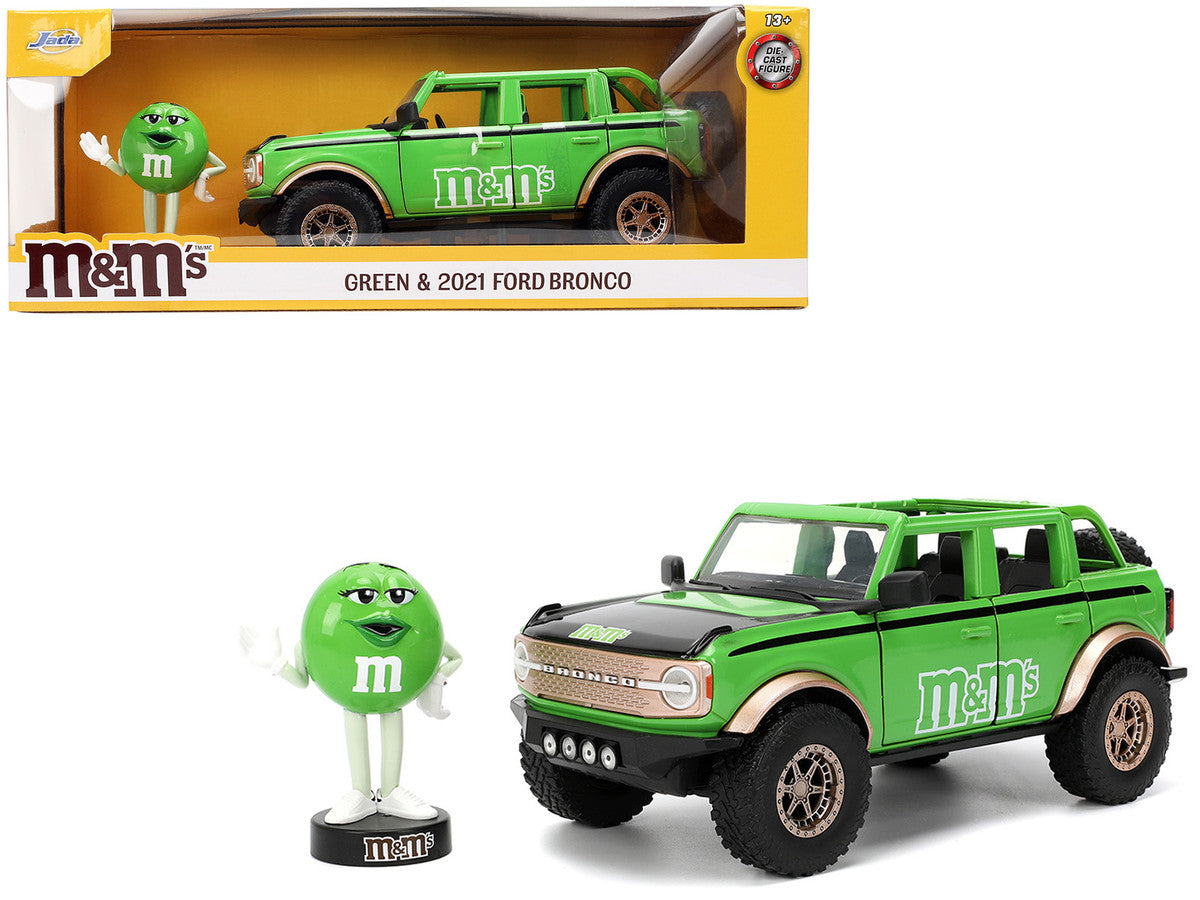 2021 Ford Bronco Green with Black Stripes and Green M&M's Diecast Figure "Hollywood Rides" Series 1/24 Diecast Model Car by Jada Jada