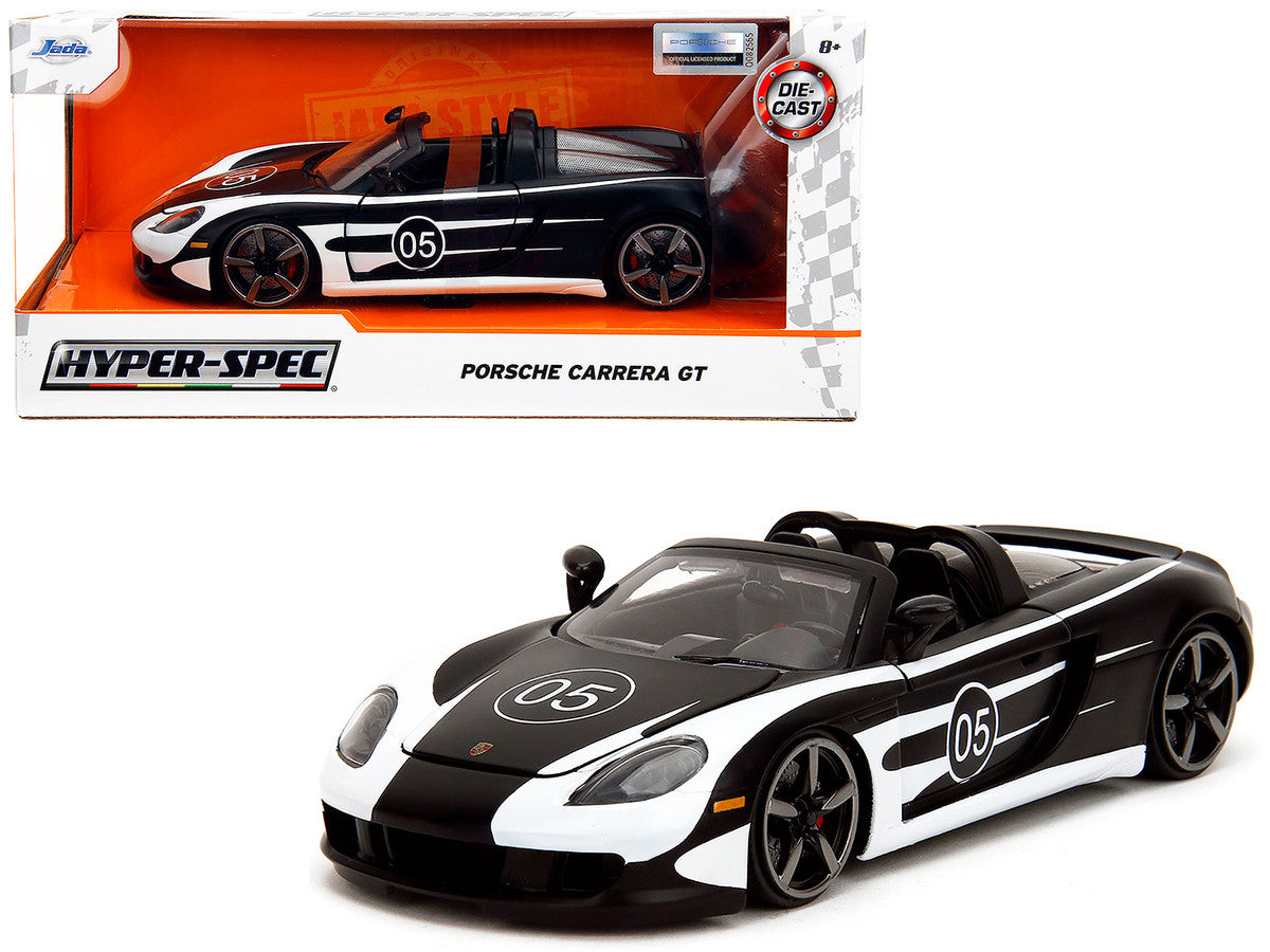 Porsche Carrera GT Convertible #05 Black with White Graphics "Hyper-Spec" Series 1/24 Diecast Model Car by Jada Jada