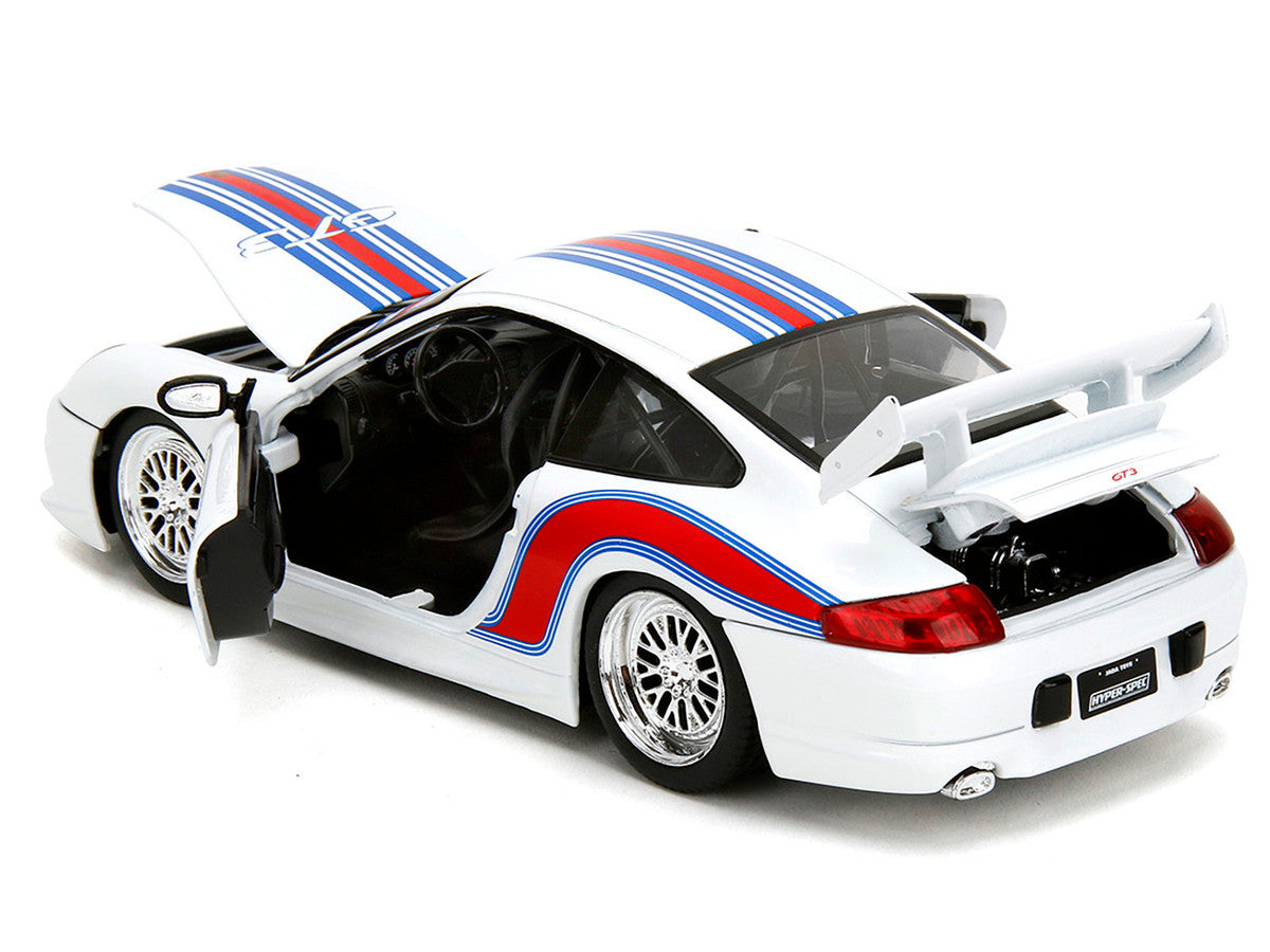 Porsche 911 GT3 (996) White with Red and Blue Stripes "Hyper-Spec" Series 1/24 Diecast Model Car by Jada Jada