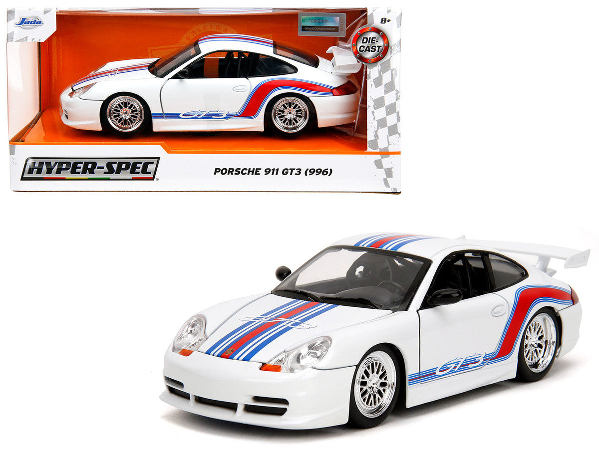 Porsche 911 GT3 (996) White with Red and Blue Stripes "Hyper-Spec" Series 1/24 Diecast Model Car by Jada Jada