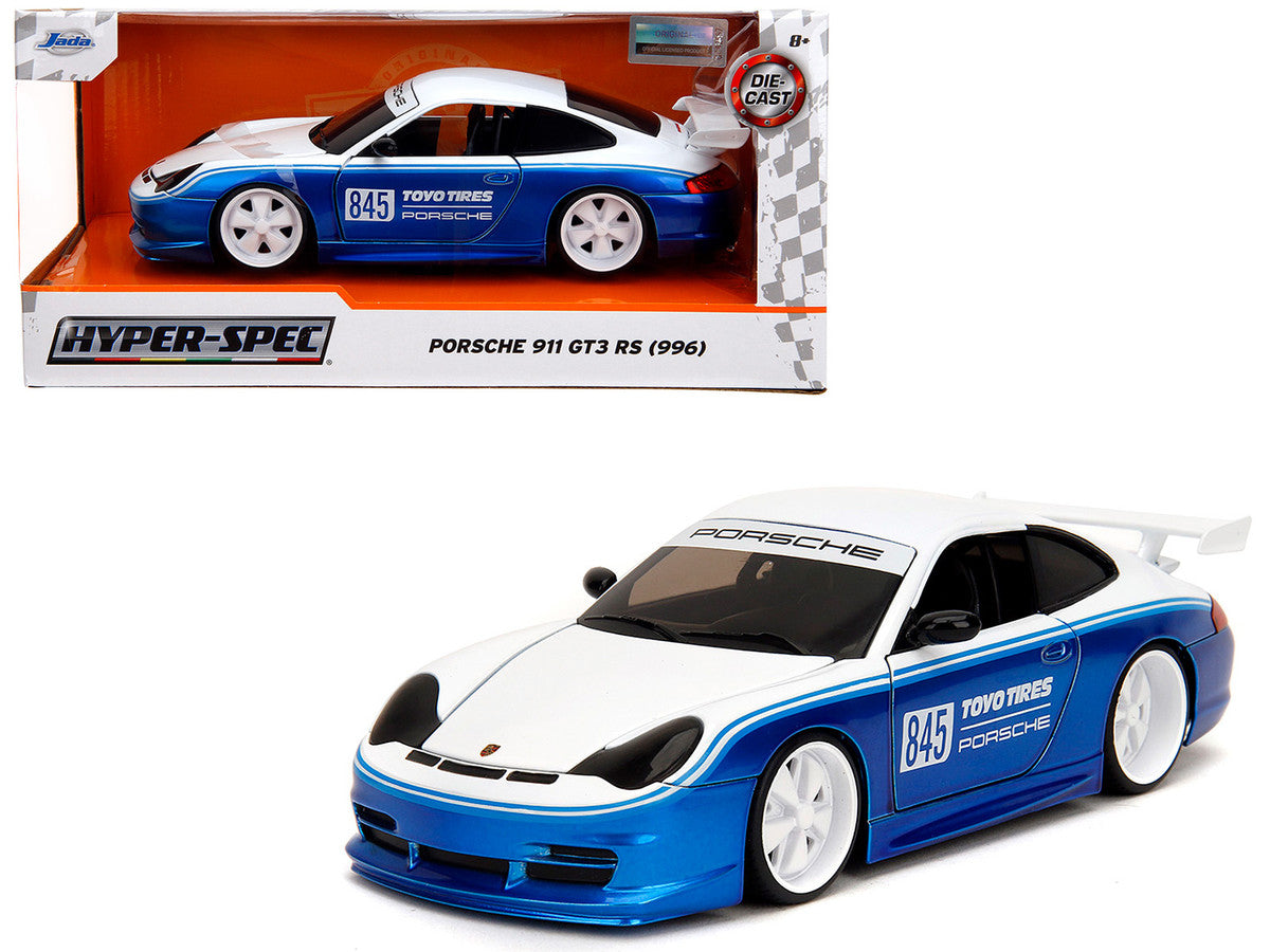 Porsche 911 GT3 RS (996) #845 White and Blue Metallic "Toyo Tires" "Hyper-Spec" Series 1/24 Diecast Model Car by Jada Jada