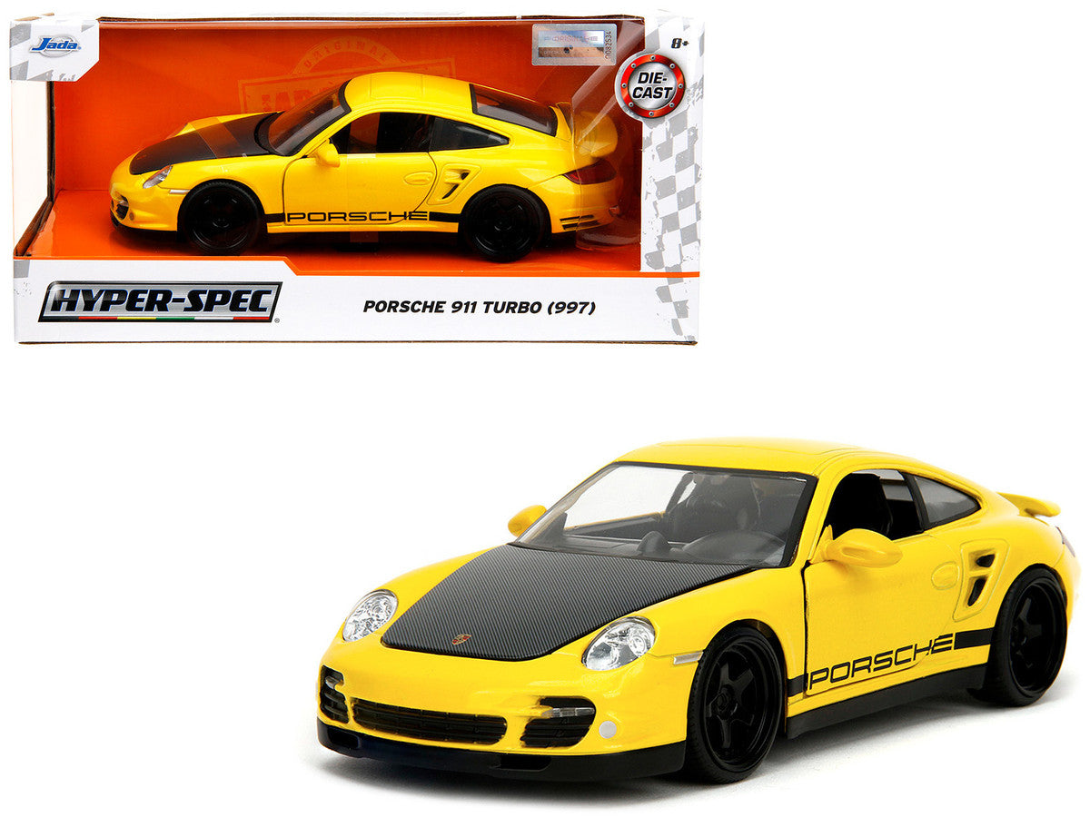 Porsche 911 Turbo (997) Yellow with Carbon Hood "Hyper-Spec" Series 1/24 Diecast Model Car by Jada Jada