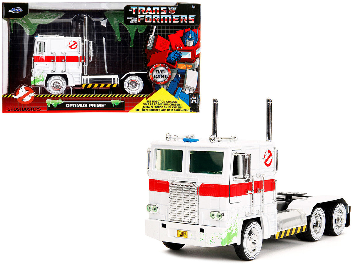 G1 Autobot Optimus Prime Truck White with Robot on Chassis from "Transformers" TV Series - "Ghostbusters" (1984) Movie Crossover "Hollywood Rides" Series 1/24 Diecast Model by Jada Jada