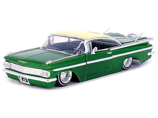 1959 Chevrolet Impala Lowrider Green Metallic with Cream Top and Wire Wheels "Street Low" Series 1/24 Diecast Model Car by Jada Jada
