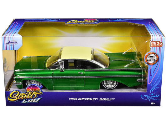 1959 Chevrolet Impala Lowrider Green Metallic with Cream Top and Wire Wheels "Street Low" Series 1/24 Diecast Model Car by Jada Jada