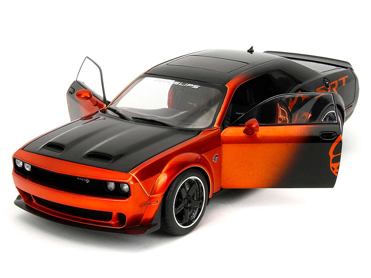 Dodge Challenger SRT Hellcat Orange Metallic and Black "Pink Slips" Series 1/18 Diecast Model Car by Jada Jada