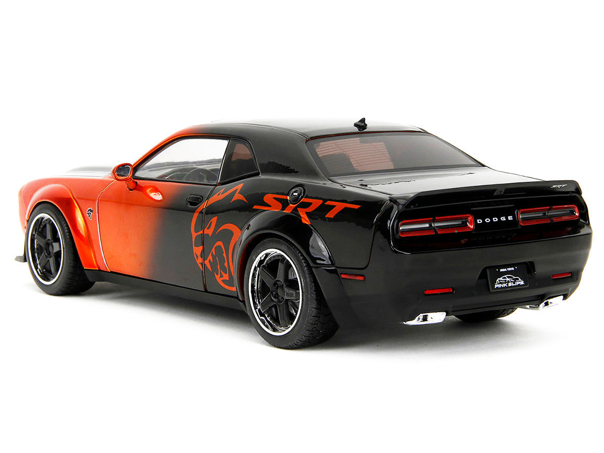 Dodge Challenger SRT Hellcat Orange Metallic and Black "Pink Slips" Series 1/18 Diecast Model Car by Jada Jada