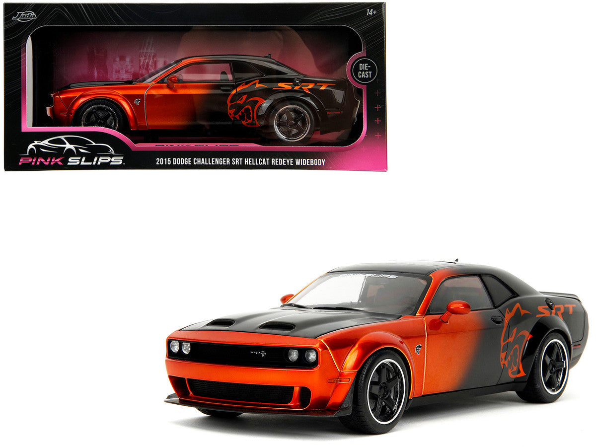 Dodge Challenger SRT Hellcat Orange Metallic and Black "Pink Slips" Series 1/18 Diecast Model Car by Jada Jada