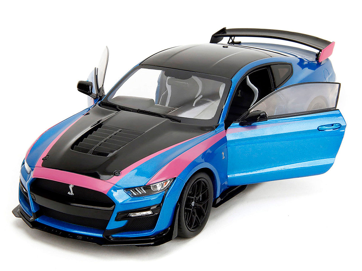 Ford Mustang Shelby GT500 Blue Metallic with Pink Stripes and Black Hood and Top "Pink Slips" Series 1/18 Diecast Model Car by Jada Jada