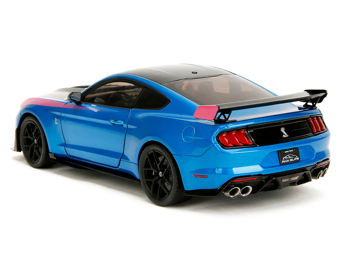 Ford Mustang Shelby GT500 Blue Metallic with Pink Stripes and Black Hood and Top "Pink Slips" Series 1/18 Diecast Model Car by Jada Jada