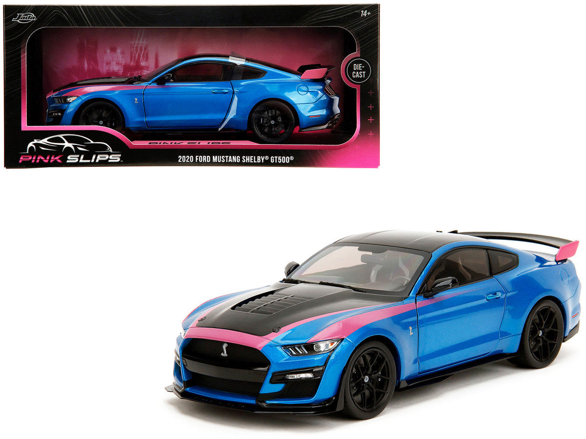 Ford Mustang Shelby GT500 Blue Metallic with Pink Stripes and Black Hood and Top "Pink Slips" Series 1/18 Diecast Model Car by Jada Jada
