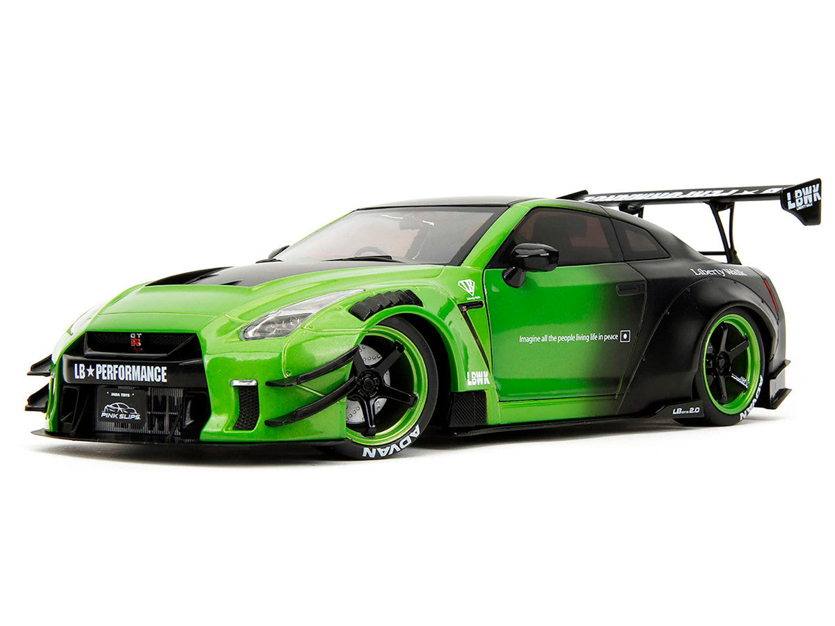 Nissan GT-R (R35) Liberty Walk Body Kit 2.0 RHD (Right Hand Drive) Green and Matt Black "Pink Slips" Series 1/18 Diecast Model Car by Jada Jada