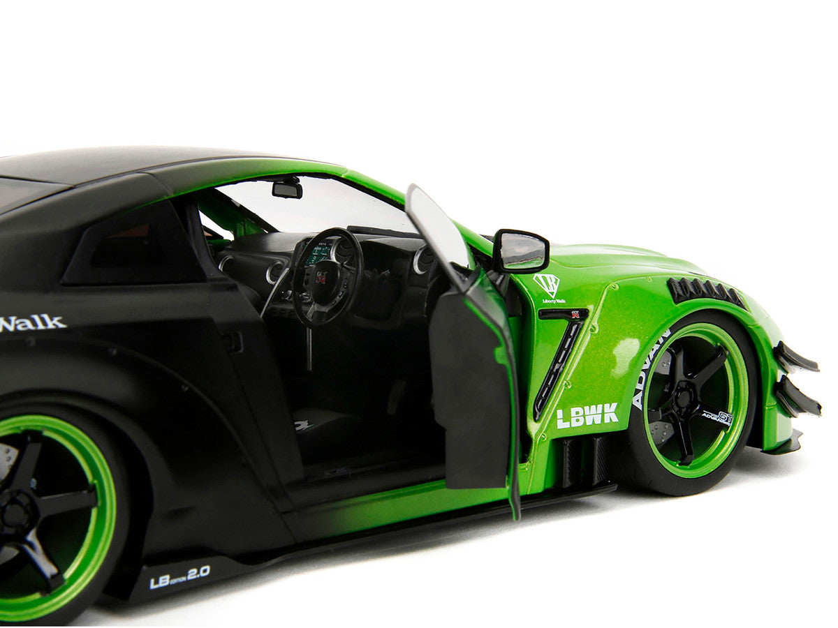 Nissan GT-R (R35) Liberty Walk Body Kit 2.0 RHD (Right Hand Drive) Green and Matt Black "Pink Slips" Series 1/18 Diecast Model Car by Jada Jada