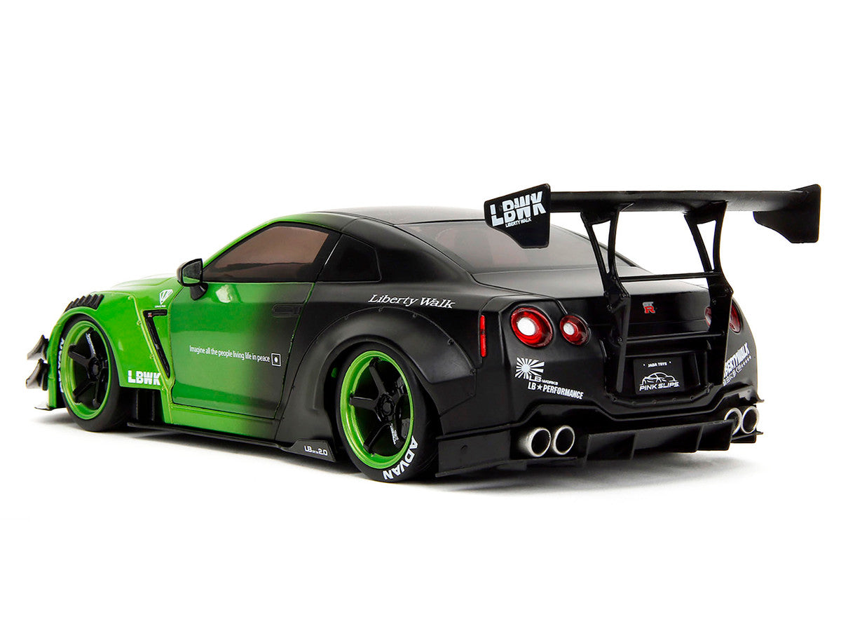 Nissan GT-R (R35) Liberty Walk Body Kit 2.0 RHD (Right Hand Drive) Green and Matt Black "Pink Slips" Series 1/18 Diecast Model Car by Jada Jada