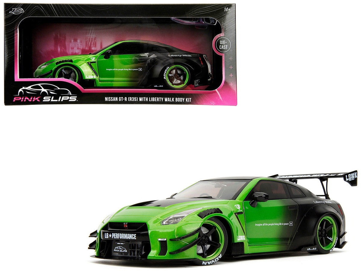 Nissan GT-R (R35) Liberty Walk Body Kit 2.0 RHD (Right Hand Drive) Green and Matt Black "Pink Slips" Series 1/18 Diecast Model Car by Jada Jada