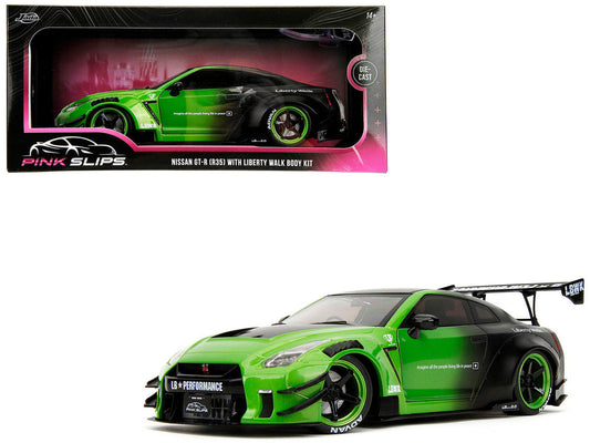 Nissan GT-R (R35) Liberty Walk Body Kit 2.0 RHD (Right Hand Drive) Green and Matt Black "Pink Slips" Series 1/18 Diecast Model Car by Jada Jada