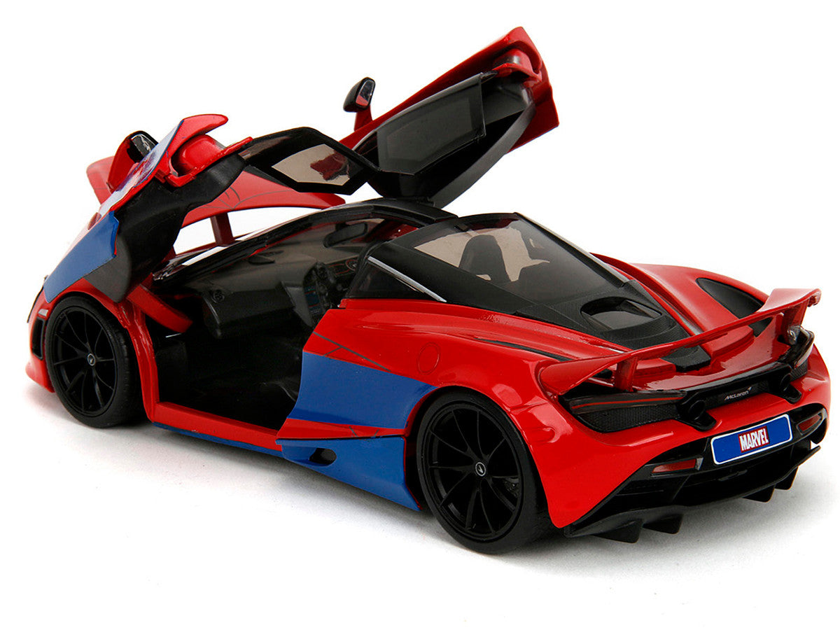 McLaren 720S Red and Blue with Black Top and Graphics and Spider-Man Diecast Figure "Marvel Spider-Man" "Hollywood Rides" Series 1/24 Diecast Model Car by Jada Jada