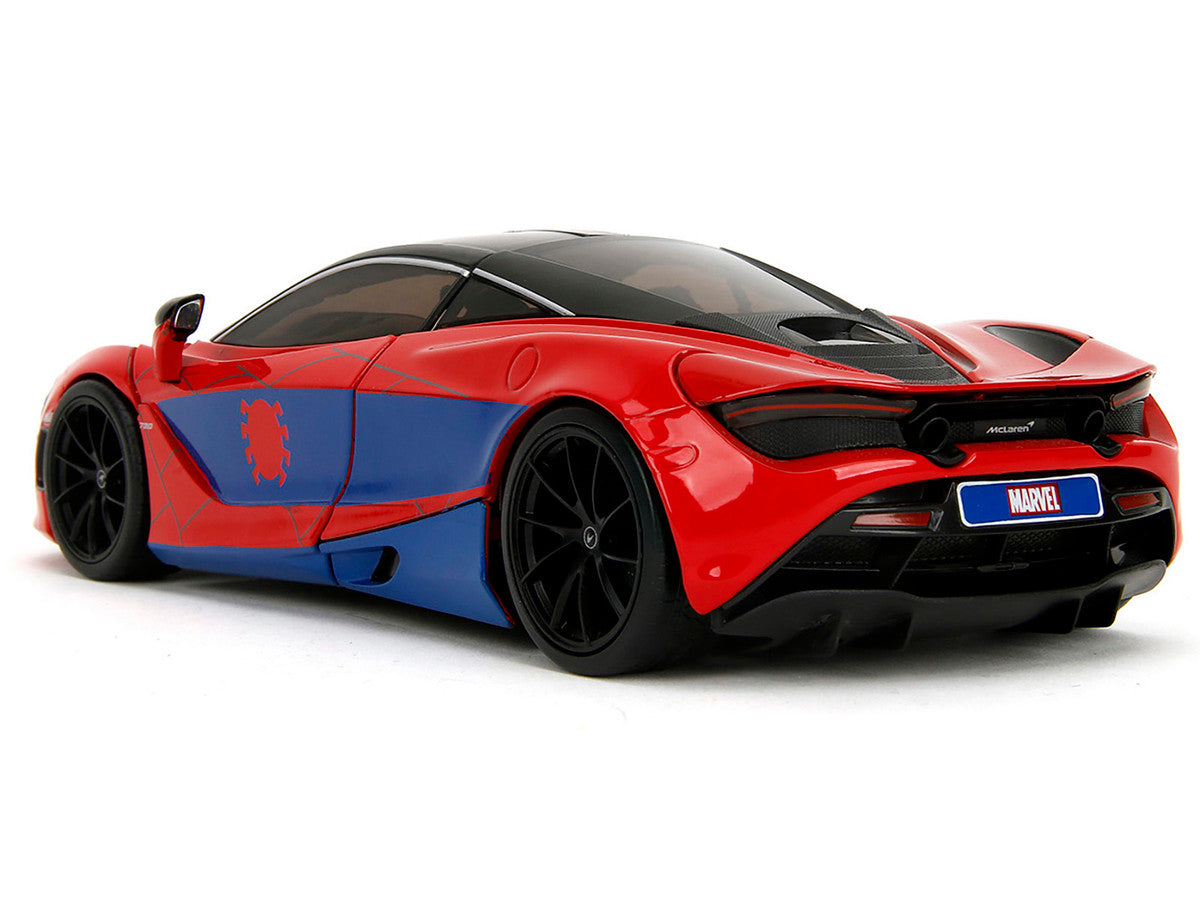 McLaren 720S Red and Blue with Black Top and Graphics and Spider-Man Diecast Figure "Marvel Spider-Man" "Hollywood Rides" Series 1/24 Diecast Model Car by Jada Jada