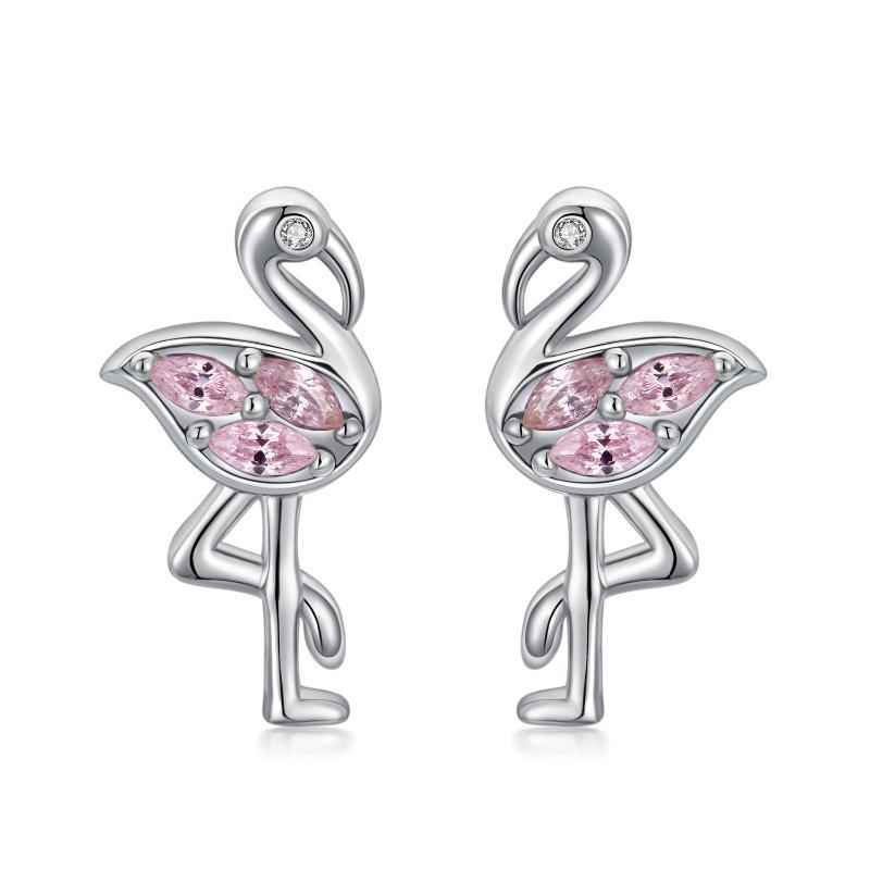 Pink Flamingo CZ Stud Earrings in White Gold Plated Sterling Silver CJD