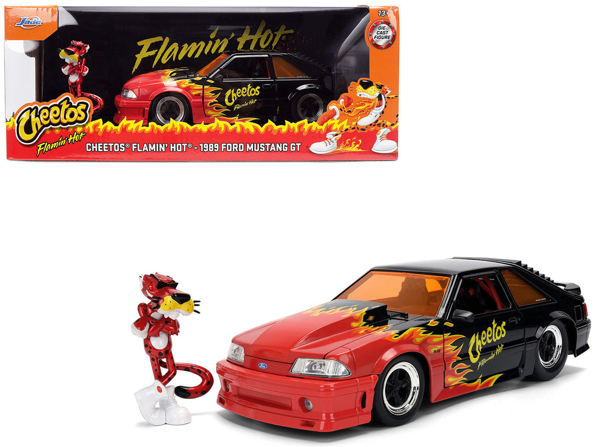 1989 Ford Mustang GT Black with Red Flame Graphics and Chester Cheetah Diecast Figure "Cheetos Flamin' Hot" "Hollywood Rides" Series 1/24 Diecast Model Car by Jada Jada