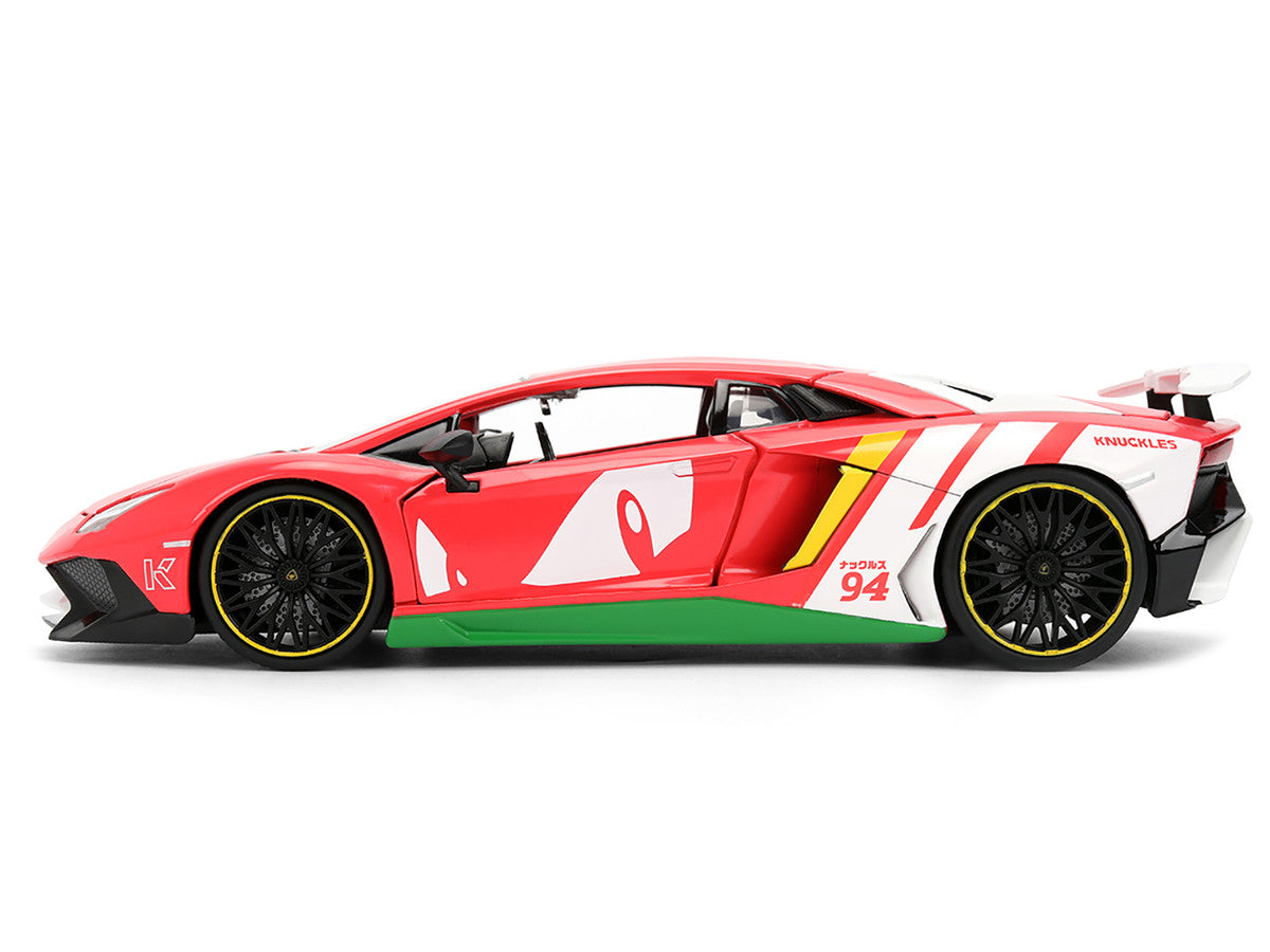 Lamborghini Aventador SV Red with Graphics and Knuckles Diecast Figure "Sonic The Hedgehog" Franchise "Hollywood Rides" Series 1/24 Diecast Model by Jada Jada