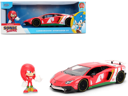 Lamborghini Aventador SV Red with Graphics and Knuckles Diecast Figure "Sonic The Hedgehog" Franchise "Hollywood Rides" Series 1/24 Diecast Model by Jada Jada