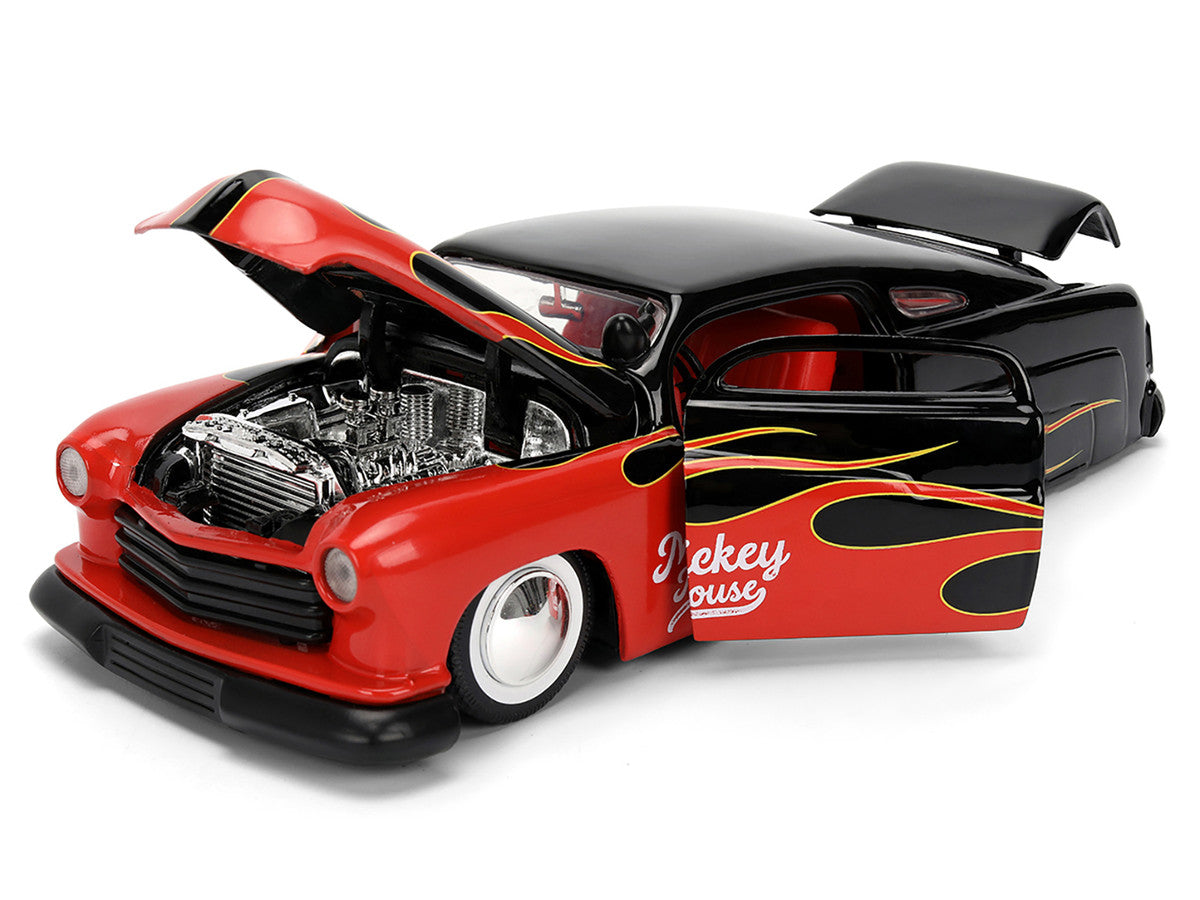 1951 Mercury Coupe Black with Flame Graphics and Red Interior and Mickey Mouse Diecast Figure "Disney's Mickey Mouse" "Hollywood Rides" Series 1/24 Diecast Model Car by Jada Jada