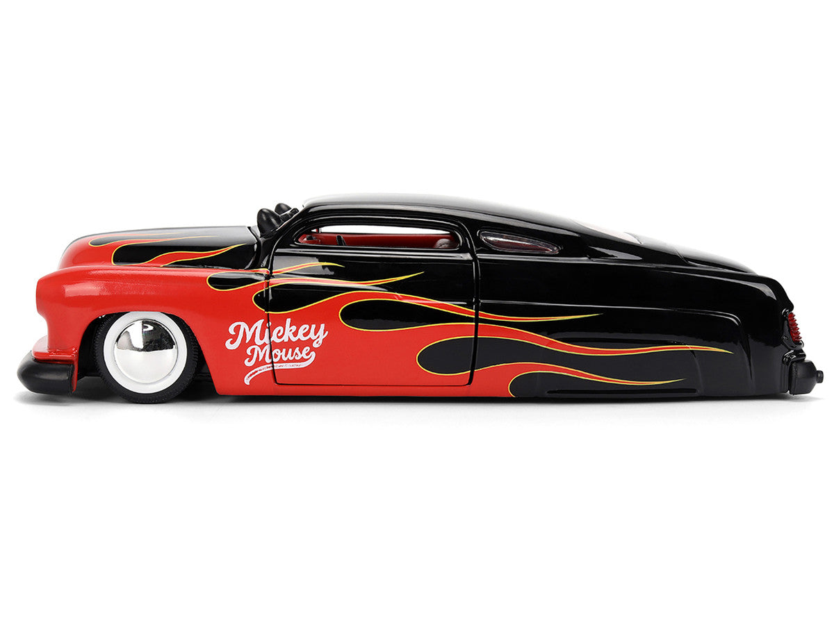 1951 Mercury Coupe Black with Flame Graphics and Red Interior and Mickey Mouse Diecast Figure "Disney's Mickey Mouse" "Hollywood Rides" Series 1/24 Diecast Model Car by Jada Jada