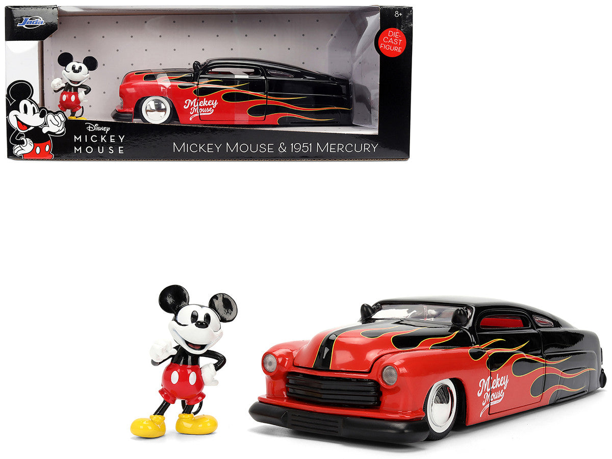 1951 Mercury Coupe Black with Flame Graphics and Red Interior and Mickey Mouse Diecast Figure "Disney's Mickey Mouse" "Hollywood Rides" Series 1/24 Diecast Model Car by Jada Jada