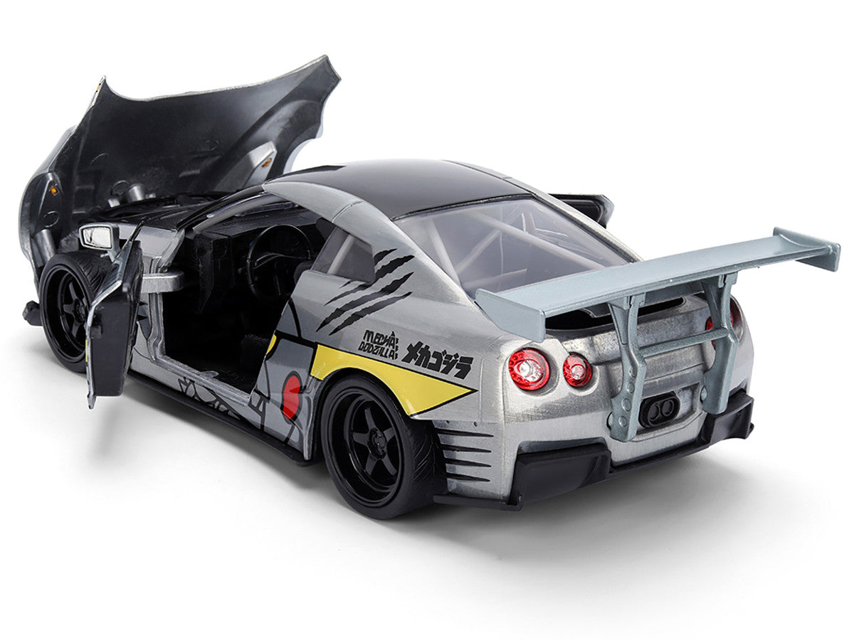 2009 Nissan GT-R (R35) Ben Sopra Brushed Metal with Black Top and Graphics and Mechagodzilla Diecast Figure "Godzilla" Franchise "Anime Hollywood Rides" Series 1/24 Diecast Model by Jada Jada