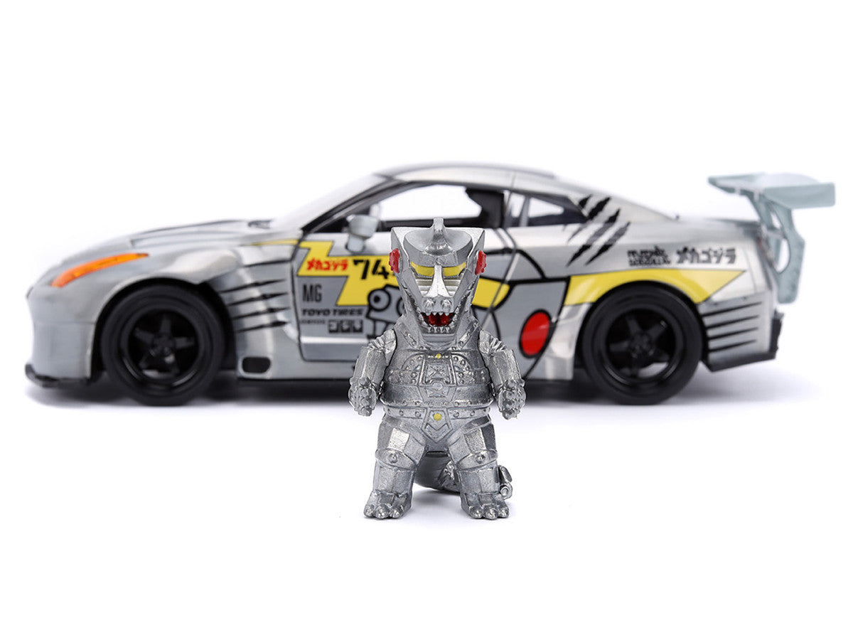 2009 Nissan GT-R (R35) Ben Sopra Brushed Metal with Black Top and Graphics and Mechagodzilla Diecast Figure "Godzilla" Franchise "Anime Hollywood Rides" Series 1/24 Diecast Model by Jada Jada