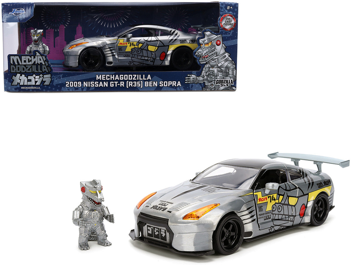 2009 Nissan GT-R (R35) Ben Sopra Brushed Metal with Black Top and Graphics and Mechagodzilla Diecast Figure "Godzilla" Franchise "Anime Hollywood Rides" Series 1/24 Diecast Model by Jada Jada