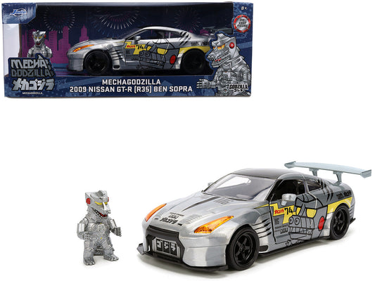 2009 Nissan GT-R (R35) Ben Sopra Brushed Metal with Black Top and Graphics and Mechagodzilla Diecast Figure "Godzilla" Franchise "Anime Hollywood Rides" Series 1/24 Diecast Model by Jada Jada