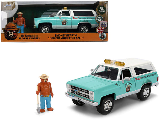 1980 Chevrolet Blazer Light Green with White Top and Graphics and Smokey Bear Diecast Figure "Smokey Bear" "Hollywood Rides" Series 1/24 Diecast Model by Jada Jada