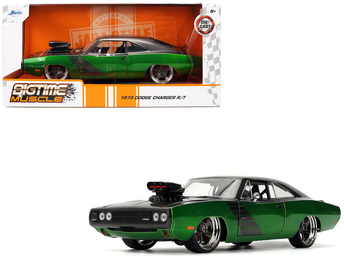 1970 Dodge Charger R/T Dark Gray Metallic and Green Metallic with Dark Gray Stripes "Bigtime Muscle" Series 1/24 Diecast Model Car by Jada