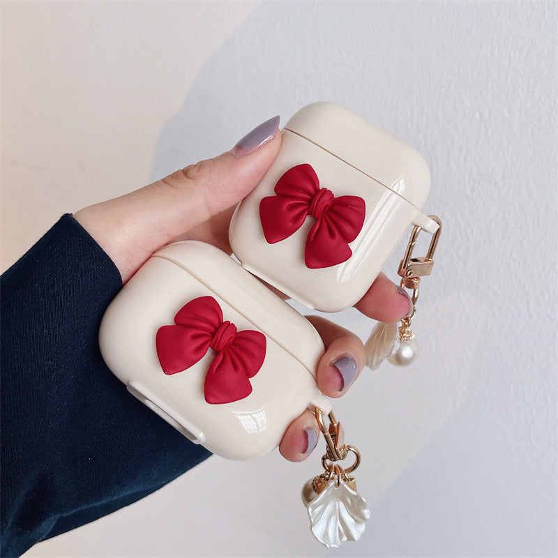 Beige Red Bow Shell Pendant Wireless Earphone Case Best YouTube Store
