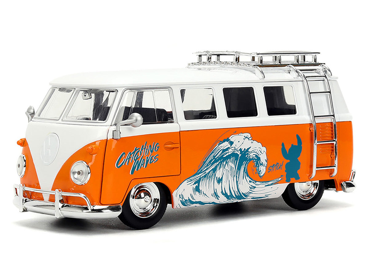 1961 Volkswagen Bus "Catching Waves" White and Orange with Stich Diecast Figure "Disney's Stitch" "Hollywood Rides" Series 1/24 Diecast Model by Jada Jada