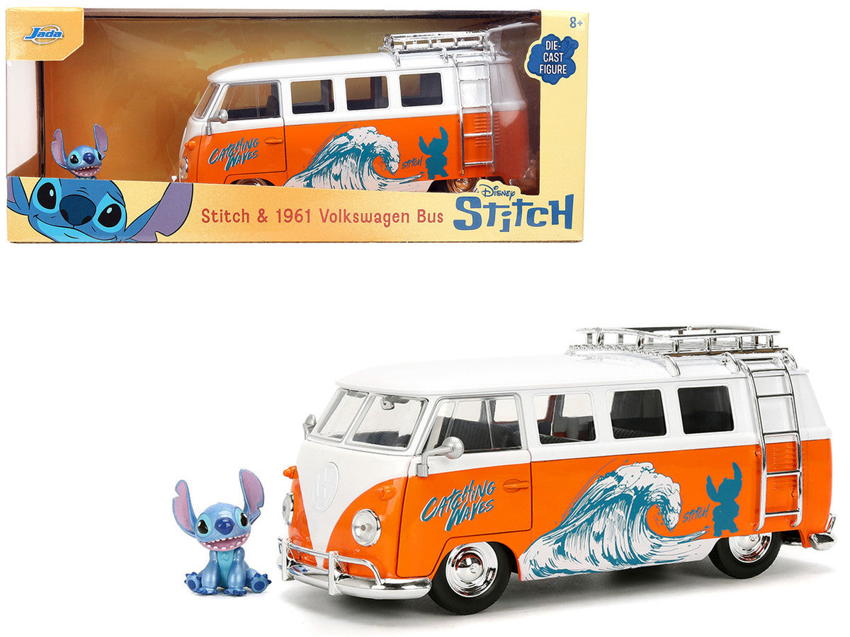 1961 Volkswagen Bus "Catching Waves" White and Orange with Stich Diecast Figure "Disney's Stitch" "Hollywood Rides" Series 1/24 Diecast Model by Jada Jada