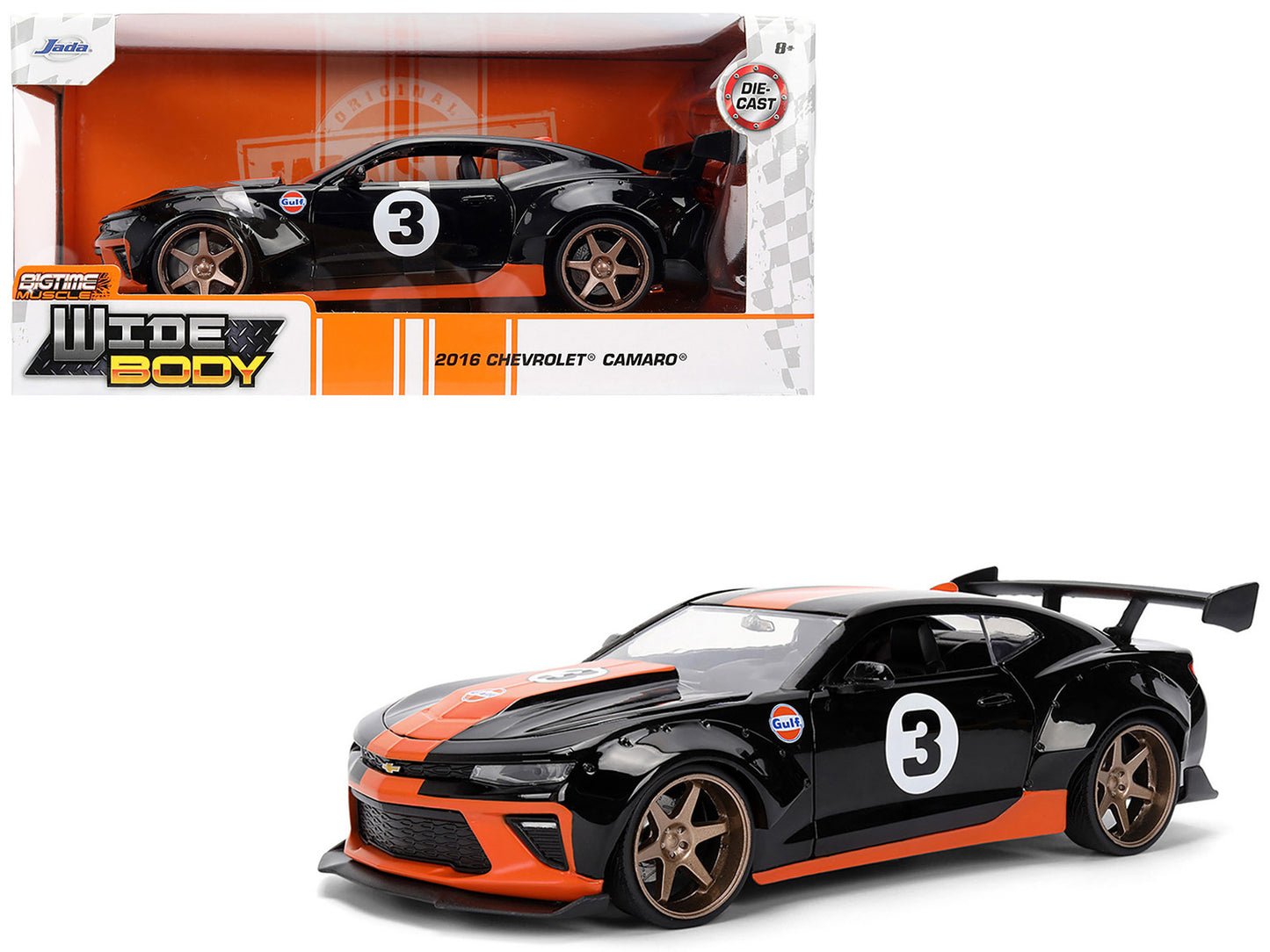 2016 Chevrolet Camaro #3 "Gulf Oil" Black with Orange Stripe "Wide Body" Series 1/24 Diecast Model Car by Jada
